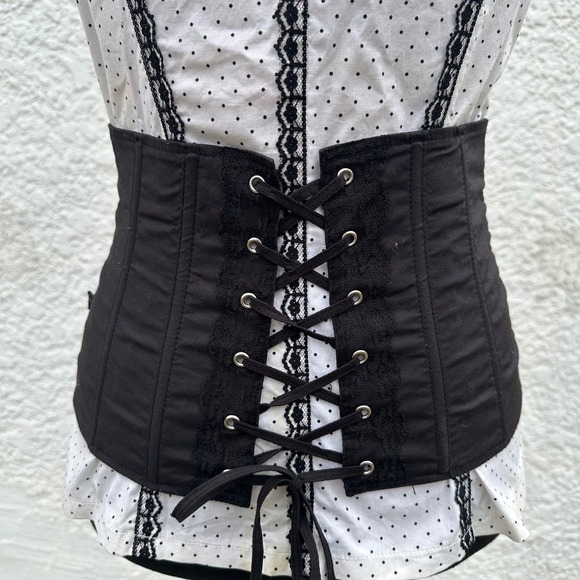 Tripp‎ NYC Vtg y2k Black White Polka Dot Corset Top Women's Size Small Lace Trim - Picture 6 of 12